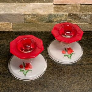 INDIANA GLASS | Set of 2 | Art Deco | Red and White Candle Holders